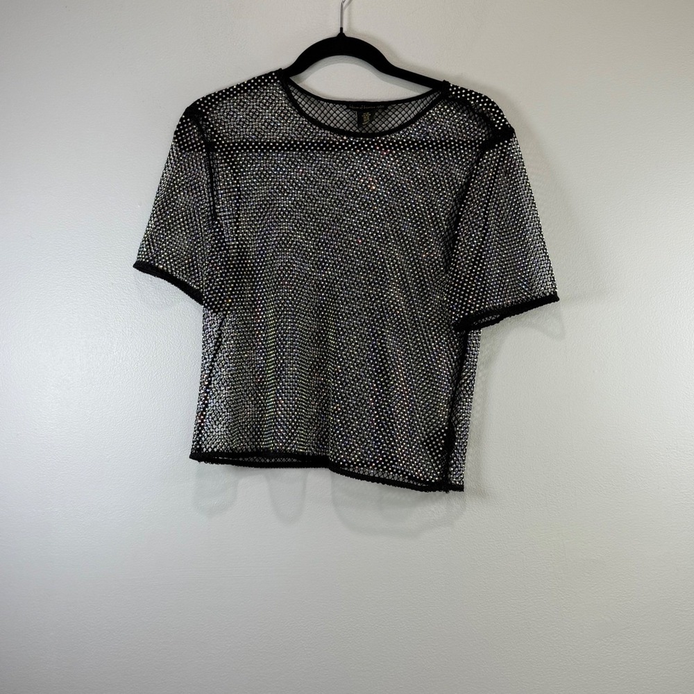 House of Harlow 1960 Womens Black Mesh Rhinestone Fishnet goth club Top‎ M